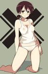  bare_legs bare_shoulders blush breasts brown_hair cleavage collarbone covered_nipples gertrud_barkhorn glastonbury1966 hand_on_hip long_hair medium_breasts navel nipples no_bra orange_eyes panties saltire see-through skindentation solo strike_witches sweat tank_top twintails underwear white_panties world_witches_series 