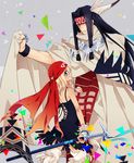  1girl aki8lani alumi_niumbirch bad_id bad_pixiv_id bandana black_hair blonde_hair blue_eyes cape dark_skin fang father_and_daughter katana long_hair shaman_king silva_(shaman_king) sword weapon 