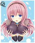  black_legwear blue_eyes blue_nails blush breast_hold breasts from_above hairband headset highres impossible_clothes large_breasts long_hair looking_at_viewer megurine_luka nail_polish open_mouth pink_hair self_fondle solo squiggle tf_(tfx2) thighhighs vocaloid 