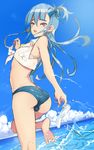  androgynous ass bad_id bad_pixiv_id barefoot blue_hair blush bulge cloud coin_rand crossdressing day dutch_angle from_behind hair_ribbon highres long_hair looking_back male_focus midriff no_pupils open_mouth original otoko_no_ko outdoors pink_eyes ribbon sandals_removed shirt sky solo tied_shirt water 