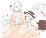  alternate_hair_length alternate_hairstyle book chin_rest dress dress_shirt hat highres lying maribel_hearn meeko monochrome multiple_girls on_stomach shirt short_hair simple_background sitting sketch skirt smile touhou usami_renko wavy_hair white_background 