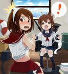  /\/\/\ 2girls bad_id bad_pixiv_id blush brown_eyes brown_hair caught embarrassed folded_ponytail hair_ornament hairband hinoshita_akame inazuma_(kantai_collection) kantai_collection looking_back midriff multiple_girls natori_(kantai_collection) open_mouth panties pantyshot pantyshot_(sitting) school_uniform serafuku shirt_lift short_hair sitting skirt steam sweat towel underwear undressing upskirt white_hairband white_panties 