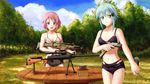  anti-materiel_rifle assault_rifle bikini bipod blue_eyes blue_hair breasts cartridge cleavage extended_magazine g36c glock gun handgun highres hk_vp70 lisbeth locked_slide looking_at_viewer multiple_girls navel open_mouth pgm_hecate_ii pink_hair pistol red_eyes rifle scope short_hair short_shorts shorts sinon small_breasts smile sniper_rifle striped striped_bikini swimsuit sword_art_online trigger_discipline weapon 