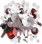  ahoge aircraft airplane barefoot black_panties dress feet horns kantai_collection long_hair looking_at_viewer mittens nine_(liuyuhao1992) northern_ocean_hime pale_skin panties pantyshot red_eyes shinkaisei-kan side-tie_panties solo underwear white_dress white_hair 