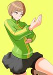  bike_shorts brown_eyes brown_hair fighting_stance jacket leg_up nanahime persona persona_4 satonaka_chie short_hair simple_background skirt smile solo track_jacket yellow_background 