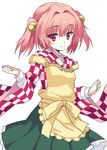  apron bell blush clothes_writing hair_bell hair_ornament japanese_clothes jingle_bell looking_at_viewer motoori_kosuzu rasahan red_eyes red_hair short_hair simple_background smile solo touhou two_side_up white_background wide_sleeves 