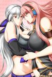  2girls asymmetrical_docking blue_eyes blush bol_(liliymimi) breast_press breasts detached_sleeves female headphones huge_breasts large_breasts long_hair megurine_luka midriff multiple_girls navel red_hair silver_hair smile vocaloid yowane_haku yuri 