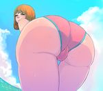  ass ass_focus bad_id bad_pixiv_id bent_over bikini brown_hair close-up cloud day huge_ass looking_at_viewer mole mole_under_eye original othel_(hatimorris) pink_bikini short_hair sky solo sweat swimsuit trefoil yellow_eyes 