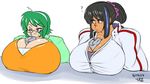  2girls black_hair blue_hair borrowed_character breasts emerald_(sprite37) gigantic_breasts glasses green_hair multiple_girls purple_eyes red_eyes sprite37 straw 