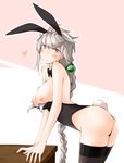  animal_ears arched_back arm_support ass bare_shoulders black_legwear blush braid breasts brown_eyes bunny_ears bunny_tail bunnysuit detached_collar fake_animal_ears grey_hair heart highres huge_breasts kaminagi_(kaminagi-tei) kantai_collection leaning_forward long_hair nipples single_braid solo tail thighhighs unryuu_(kantai_collection) 