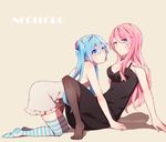  all_fours blue_eyes blue_hair dress hatsune_miku long_hair megurine_luka multiple_girls nora_usagi pantyhose pink_hair sitting striped striped_legwear thighhighs twintails twitter_username vocaloid 