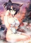  adjusting_hair animal_ears black_hair blush breasts collarbone covering fang green_eyes hand_on_own_chest hinazuka_ryou impossible_towel large_breasts looking_at_viewer nude nude_cover onsen original sitting soaking_feet solo steam tail towel updo 