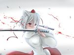  animal_ears bare_shoulders blood detached_sleeves guy963852 hat inubashiri_momiji katana looking_at_viewer red_eyes short_hair silver_hair simple_background solo sword tokin_hat touhou weapon white_background wolf_ears 