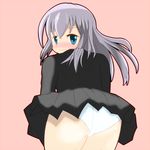  1girl aqua_eyes artist_request ass bent_over blush cardfight!!_vanguard from_behind long_hair looking_at_viewer looking_back panties pantyshot pink_background school_uniform silver_hair simple_background skirt tokura_misaki turning_head underwear upskirt 