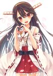  :d black_hair brown_eyes detached_sleeves hairband haruna_(kantai_collection) heart heart_hands kantai_collection long_hair looking_at_viewer nontraditional_miko open_mouth petals pleated_skirt ribbon-trimmed_sleeves ribbon_trim shugao skirt smile solo wide_sleeves 