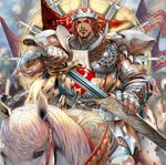  armor belt capcom crown fantasy flag gauntlets highres horse horseback_riding king king_arthur knights_of_the_round_(game) male_focus original red_hair redesign riding sheath solo sword weapon yasuda_akira 