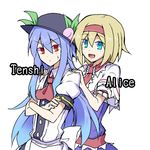  alice_margatroid ascot blonde_hair blue_eyes blue_hair bow capelet character_name crossed_arms dress food fruit hairband hands_on_shoulders hat hinanawi_tenshi kenuu_(kenny) long_hair multiple_girls open_mouth peach red_eyes ribbon short_hair simple_background smile touhou white_background 