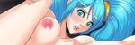  aqua_hair blue_eyes breasts hair_ornament league_of_legends nipples sona_buvelle twintails 