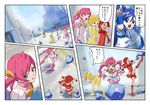  bike_shorts blue_eyes blue_hair bow comic hair_bow long_hair looking_at_viewer looking_up makacoon multiple_girls original pink_hair pointing red_eyes red_hair salute translated twintails 