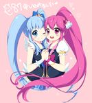  :d aino_megumi blue_eyes blue_hair blush bow cheek-to-cheek clenched_teeth crown cure_lovely cure_princess happinesscharge_precure! holding_hands kuune_rin long_hair magical_girl multiple_girls one_eye_closed open_mouth pink_bow pink_eyes pink_hair ponytail precure shirayuki_hime smile teeth twintails very_long_hair wide_ponytail 