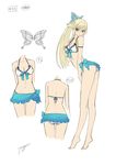  arched_back armband ass back bangs bare_shoulders barefoot bikini blonde_hair blue_eyes blush bow breasts butterfly_hair_ornament character_sheet cleavage dimples_of_venus earrings elf flat_color frills front-tie_bikini front-tie_top gradient hair_ornament hand_on_own_chest high_ponytail jewelry kirika_towa_alma kneepits leaning_forward legs long_hair long_legs long_pointy_ears looking_at_viewer medium_breasts multiple_views navel official_art parted_lips pointy_ears ponytail ribbon ribbon-trimmed_bikini ribbon_trim sarong shining_(series) shining_resonance sidelocks signature simple_background sketch string_bikini swimsuit tanaka_takayuki tiptoes underboob white_background white_bikini 
