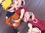  2girls blonde_hair blush censored eyes_closed feet fellatio green_eyes group_sex haruno_sakura headband highres kiss legs maku_(l-u) multiple_girls naruto ninja oral penis pink_hair sandals short_hair squatting standing thighs threesome toes uzumaki_naruto 