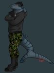  blue_eyes boots camo combats crossed_arms dreadlocks fish gills male marine necklace pentagram scar shark solo stripes 