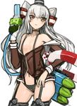  amatsukaze_(kantai_collection) bikini black_bikini brown_eyes garter_straps hair_tubes innertube kantai_collection long_hair pupps rensouhou-kun silver_hair solo swimsuit thighhighs two_side_up water_gun white_background 