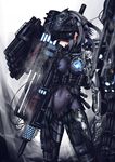  black_hair bodysuit breasts cable covered_eyes covered_navel cyborg gatling_gun gun headgear highres mecha_musume mechanical_arm mechanical_legs original pile_bunker short_hair skin_tight small_breasts solo standing ugume weapon 