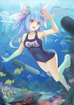  :3 armpits bangs bare_legs bare_shoulders barefoot blue_hair blunt_bangs blush coral_reef covered_navel fang fish hair_ornament hair_ribbon hand_on_forehead heart heart-shaped_pupils highres i-19_(kantai_collection) jellyfish kantai_collection manta_ray one-piece_swimsuit open_mouth red_eyes ribbon school_swimsuit smile solo sonikey0_0 starfish swimsuit symbol-shaped_pupils torpedo tri_tails underwater 