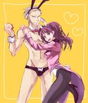  1boy 1girl abs animal_ears blonde_hair bow brown_hair bunny_ears bunnysuit collar high_heels kujikawa_rise looking_at_viewer muscle pantyhose persona persona_4 persona_4_the_golden speedo swim_briefs tailcoat tatsumi_kanji twintails 