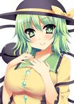  blush breasts green_eyes green_hair hands_on_own_chest hat hat_ribbon komeiji_koishi kusano_(torisukerabasu) large_breasts ribbon smile solo third_eye touhou upper_body 