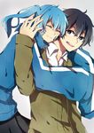  1girl black_hair blue_hair closed_eyes ene_(kagerou_project) headphones highres hug hug_from_behind kagerou_project kokonose_haruka long_hair mole mole_under_eye ringomaru school_uniform short_hair sleeves_past_fingers sleeves_past_wrists smile twintails 