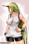  alternate_costume aoshima bike_shorts blonde_hair breasts collarbone commentary_request contemporary cuffs hand_on_hip highres horn hoshiguma_yuugi large_breasts long_hair red_eyes shackles shirt sleeveless sleeveless_shirt solo sparkle sweat touhou translated very_long_hair 