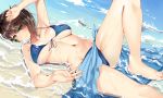  1girl barefoot beach blue_eyes blush breasts brown_hair erect_nipples groin highres kaga_(kantai_collection) kantai_collection large_breasts looking_at_viewer lying navel ocean on_back partially_submerged short_hair side_ponytail smile solo suika_(atelier-yuu) wet yellow_eyes 