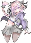  1boy :d astolfo_(fate) bangs black_bow black_skirt blush bow braid cowboy_shot cropped_legs crossdressing drawstring enpe eyebrows_visible_through_hair fang fate/apocrypha fate_(series) hair_between_eyes hair_bow hair_intakes highres jacket long_hair long_sleeves looking_at_viewer multicolored_hair navel open_clothes open_jacket open_mouth pink_hair pom_pom_(clothes) purple_eyes purple_jacket simple_background single_braid skirt smile solo trap two-tone_hair white_background white_hair 