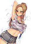  armpits blush breasts brown_eyes brown_hair crop_top earrings full-face_blush idolmaster idolmaster_cinderella_girls jewelry large_breasts long_hair matsunaga_ryou midriff navel necklace shirt sian smell solo sweat taut_clothes taut_shirt 