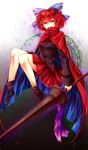  bow cape hair_bow kutsuki_kai lance long_sleeves polearm red_eyes red_hair sekibanki shirt skirt solo touhou weapon 