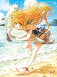  animal_ears anklet bandaid bandaid_on_face barefoot beach bell blonde_hair carrying cat_ears cat_tail cheonha87 cloud day fish full_body green_eyes jewelry jingle_bell korean long_hair ocean open_mouth original outdoors skirt sky solo starfish swimsuit tail very_long_hair water 