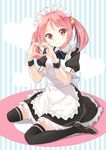  alternate_costume apron black_legwear blush enmaided frilled_apron frills full_body hair_bobbles hair_ornament heart heart_hands hyuuga_azuri jpeg_artifacts kantai_collection maid maid_headdress mary_janes neck_ribbon pink_eyes pink_hair ribbon sazanami_(kantai_collection) shoes short_sleeves sitting smile solo striped striped_background thighhighs twintails vertical-striped_background vertical_stripes wariza 