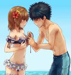  1girl aibara_mitsuki arm_garter bad_id bad_pixiv_id bikini black_eyes black_hair blush breasts brown_eyes brown_hair cleavage cowboy_shot flower hair_flower hair_ornament hibiscus highres kamijou_touma misaka_mikoto short_hair small_breasts spiked_hair swimsuit to_aru_kagaku_no_railgun to_aru_majutsu_no_index 