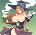  angelo_(gomahangetsu) blush book breasts cleavage dragon's_crown dress dress_tug dwarf_(dragon's_crown) elf_(dragon's_crown) fighter_(dragon's_crown) frog groin hat helmet highres hips hood large_breasts no_panties orange_eyes orange_hair round-bottom_flask shield sketch smoke solo_focus sorceress_(dragon's_crown) strapless strapless_dress sword torn_clothes transformation weapon witch_hat 