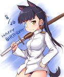  a9b_(louis814) animal_ears black_hair dog_ears dog_tail extra_ears eyepatch hand_on_hip highres looking_at_viewer military military_uniform ponytail sakamoto_mio shinai smile solo strike_witches swimsuit swimsuit_under_clothes sword tail uniform weapon world_witches_series yellow_eyes 