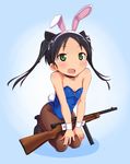  a9b_(louis814) absurdres alternate_costume animal_ears black_hair bunny_ears bunny_girl bunny_tail bunnysuit cat_ears fang francesca_lucchini green_eyes gun highres mab_38 open_mouth pantyhose solo strike_witches tail twintails weapon world_witches_series wrist_cuffs 