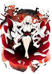  bare_legs breasts cleavage covered_mouth crossed_legs dress horns kantai_collection large_breasts legs long_hair looking_at_viewer midway_hime natsume_eri pale_skin red_eyes shinkaisei-kan simple_background sitting solo very_long_hair white_background white_dress white_hair 