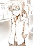 absurdres ahoge artoria_pendragon_(all) bespectacled fate/stay_night fate_(series) glasses green_eyes hair_bun highres muted_color saber smile solo uraomote 