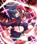  alternate_eye_color black_eyes black_hair blurry breasts garter_straps highres kill_la_kill kumonji_aruto matoi_ryuuko medium_breasts multicolored_hair navel open_mouth red_eyes scissor_blade senketsu short_hair skirt solo sparkle teeth thighhighs two-tone_hair underboob 