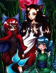 animal_ears ayato_nyaa bamboo bamboo_forest blue_eyes blue_hair blush bow cape covered_mouth dress facepaint forest full_moon grass_root_youkai_network hair_bow head_fins highres imaizumi_kagerou japanese_clothes kimono long_hair mermaid monster_girl moon multiple_girls nature night red_eyes red_hair red_moon sekibanki shirt short_hair skirt sky star_(sky) starry_sky touhou wakasagihime wolf_ears 