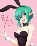  animal_ears blue_eyes bow bowtie breasts bunny_ears bunny_girl bunny_tail bunnysuit character_request detached_collar elf green_hair medium_breasts open_mouth pointy_ears short_hair smile surume_(clavis) tail wrist_cuffs 