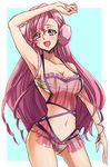  1girl arm_up artist_request code_geass earmuffs earrings euphemia_li_britannia female frilled_swimsuit frills jewelry navel one-piece_swimsuit open_mnouth open_mouth solo swimsuit 